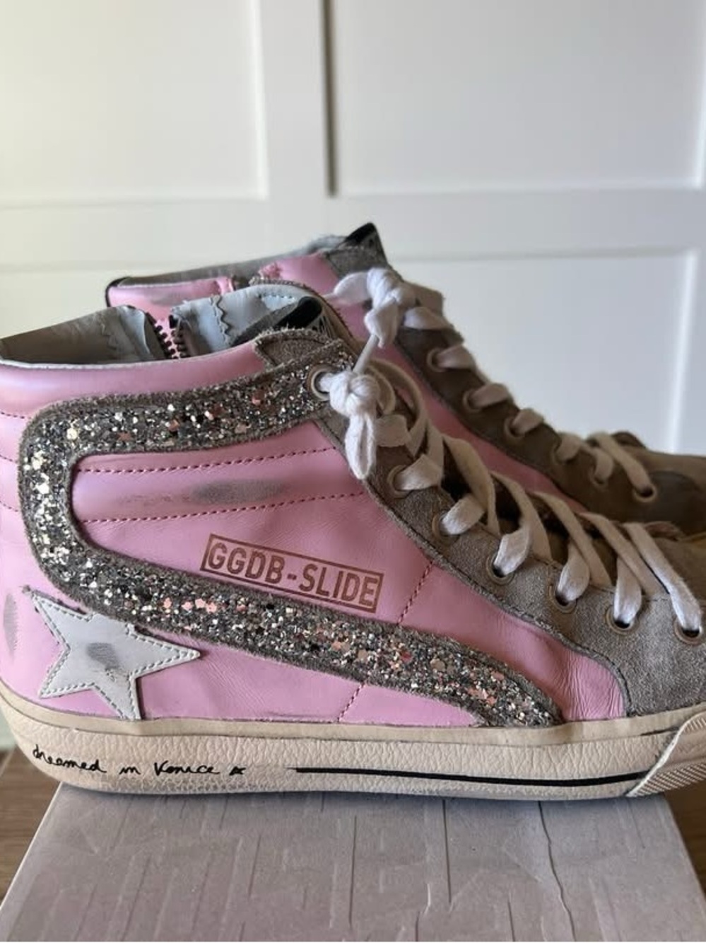 Golden Goose pink and silver glitter high-top sneakers
